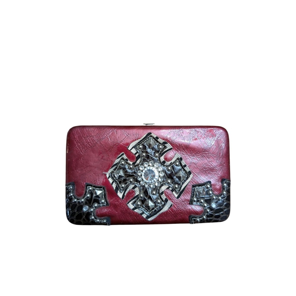 Western Cross Bling Red Faux Leather Hard Case‎ Clutch Wallet Studded Croc